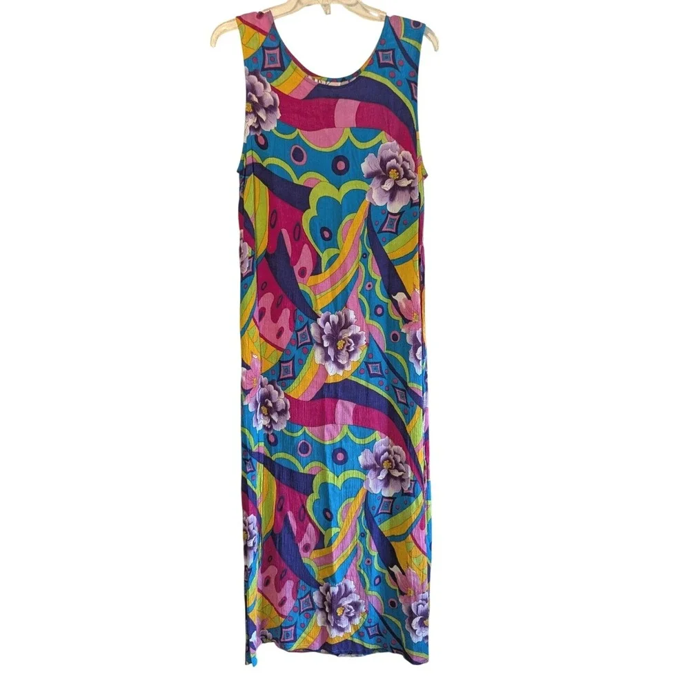 Vintage R&K Original Funky Hawaiian Floral Rayon Maxi Dress Sz Lg Retro Look